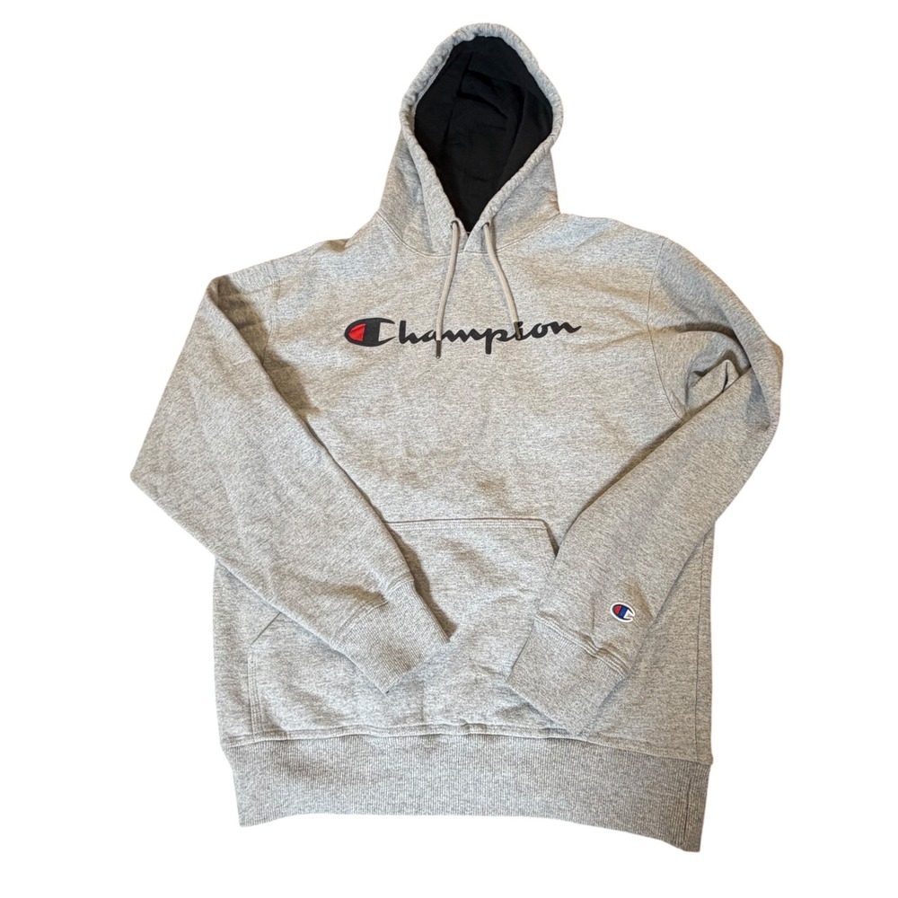Champion Pullover Hoodie Mens Medium Gray Excellent Script Logo Sweatshirt